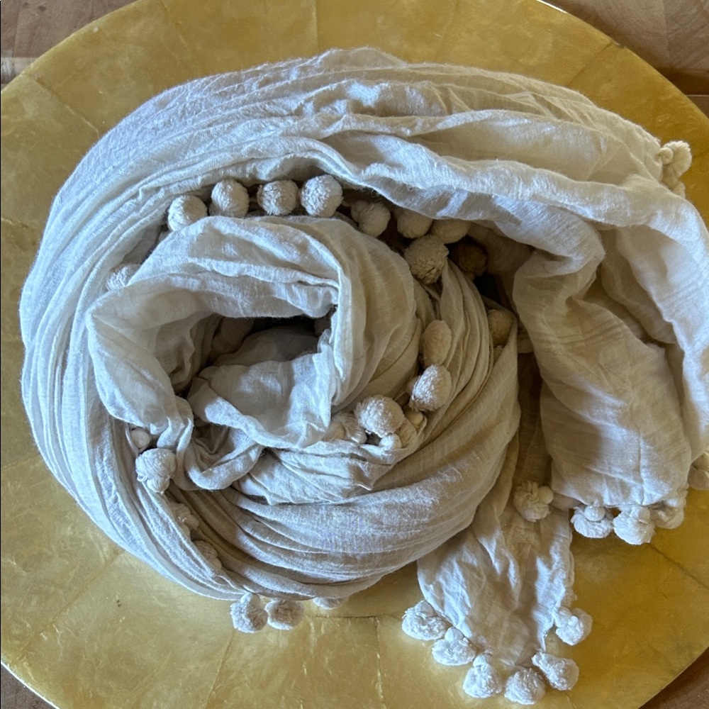 Matta Cream Scarf with Pom-Pom Accents